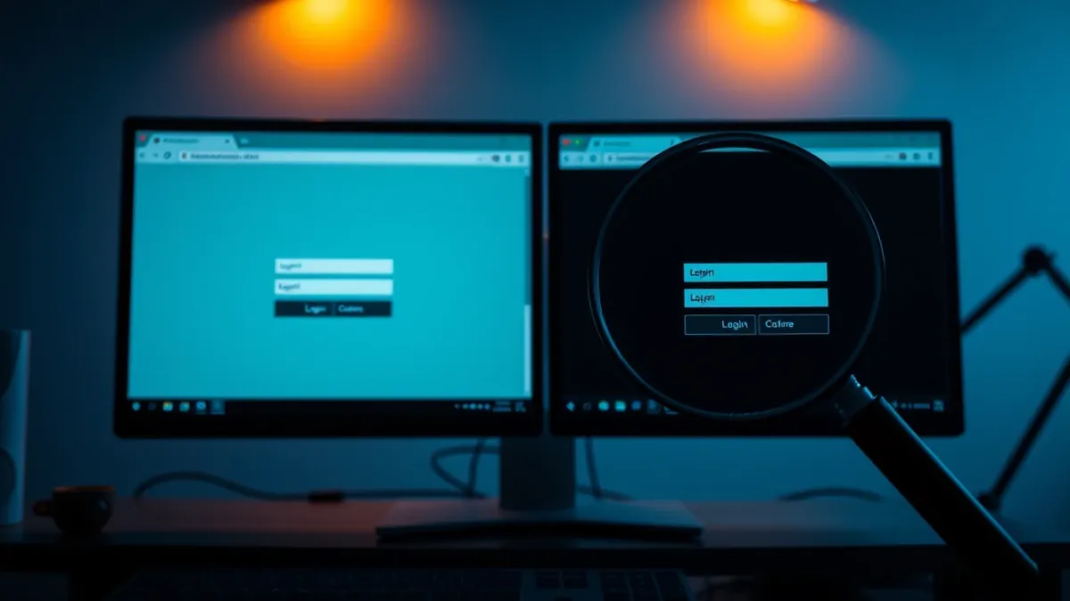 Illustration: A desktop monitor displays two nearly identical browser windows side by side.