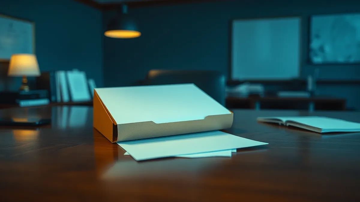 Illustration: A single manila folder sits slightly ajar on a polished wooden desk, revealing blank white papers inside.