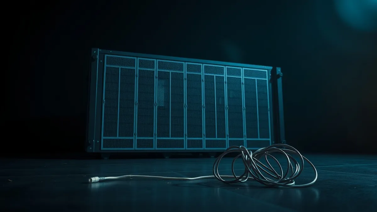 Illustration: A massive, blank server blade sits isolated in a dark void, its metal surface cold and unpowered.