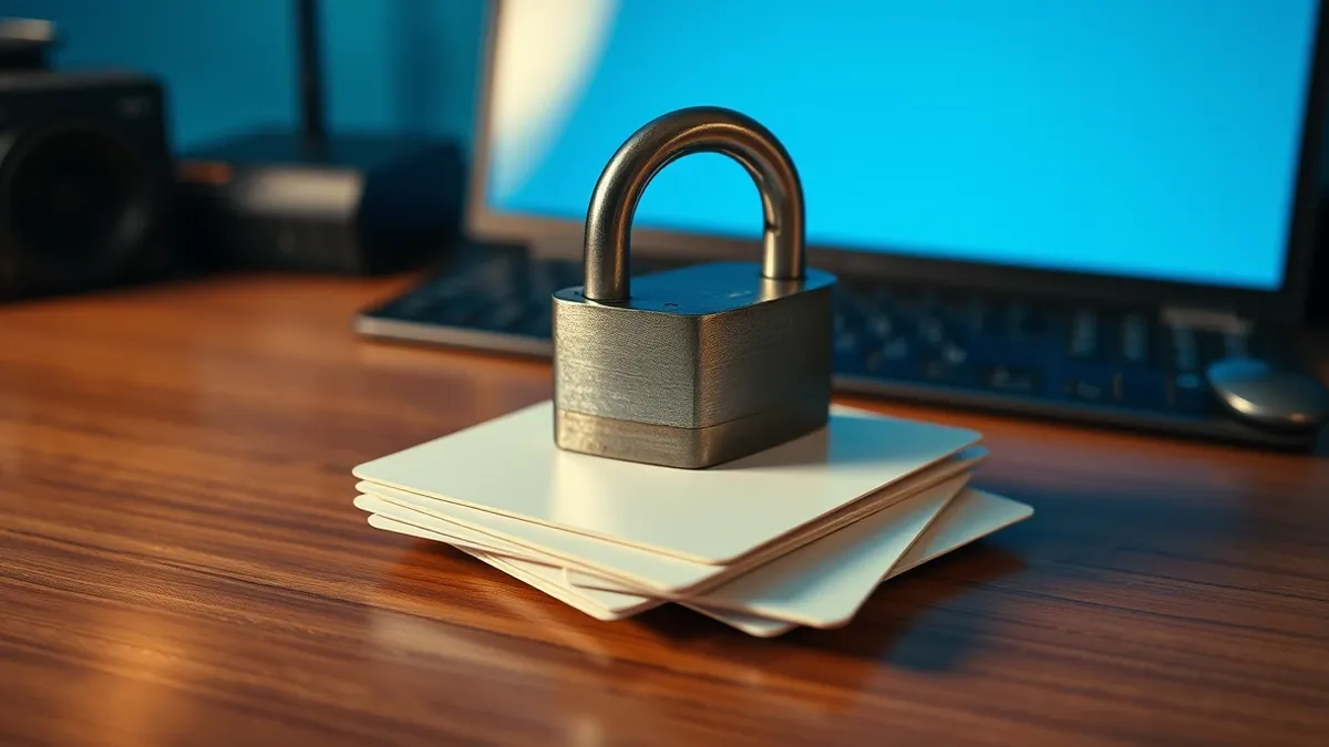 Illustration: A thick steel padlock rests on a stack of blank white credit cards.