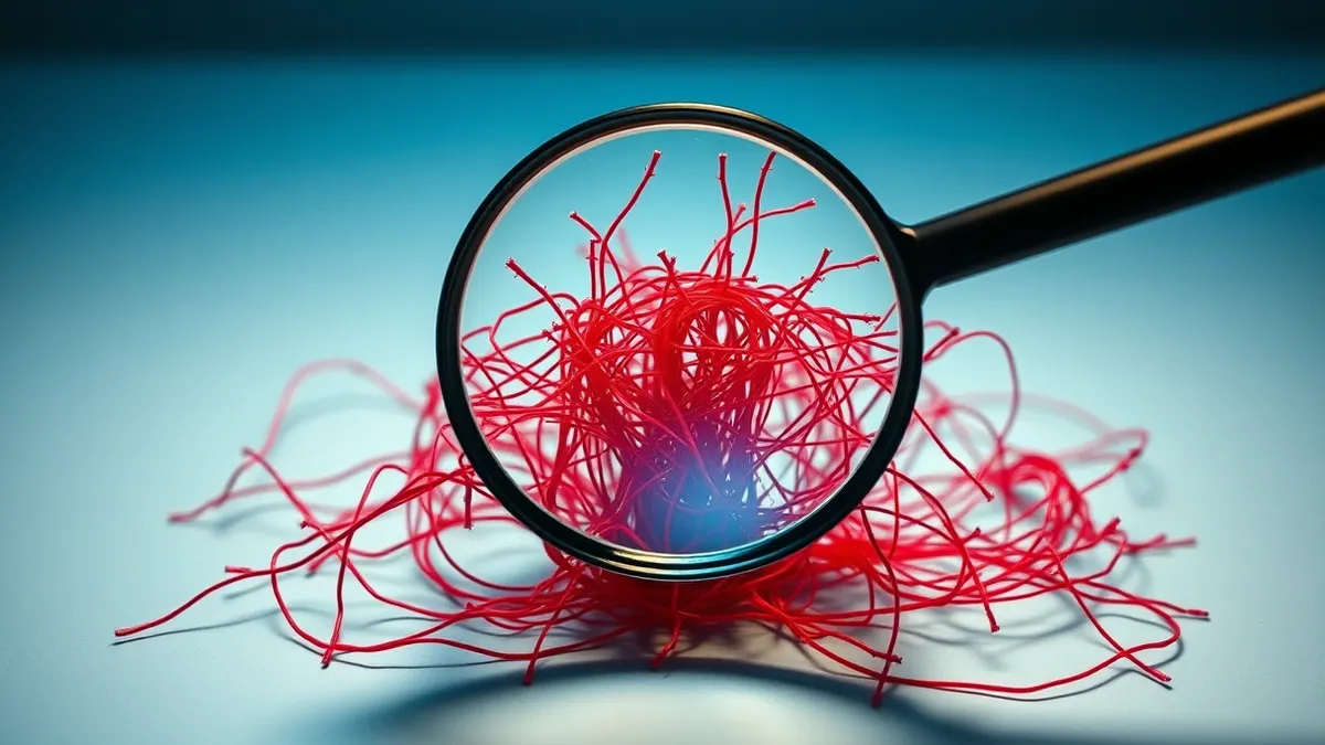 Illustration: A magnifying glass hovers over a tangled knot of jagged red threads on a blank desktop surface.