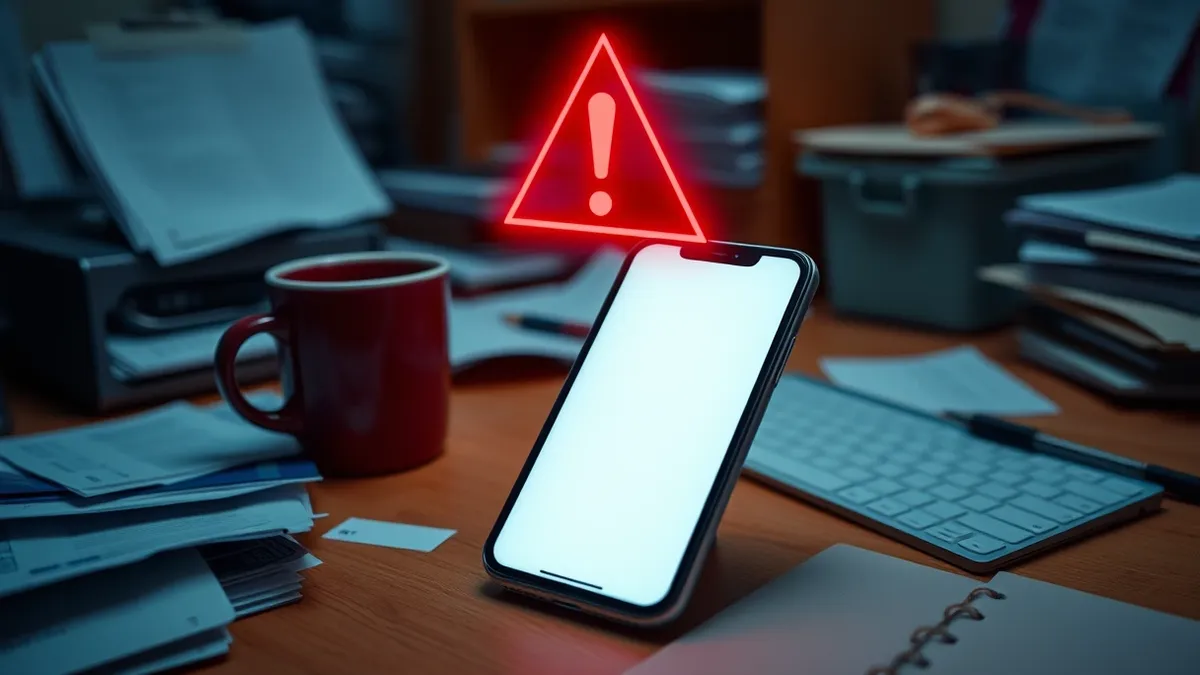Illustration: A smartphone displays a blank messaging app interface on a cluttered election office desk, surrounded by scattered papers and a coffee mug.