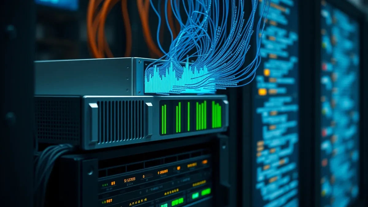 Illustration: A silver firewall appliance sits on a dark rack, feeding a stream of blue data pulses into a central processing unit.