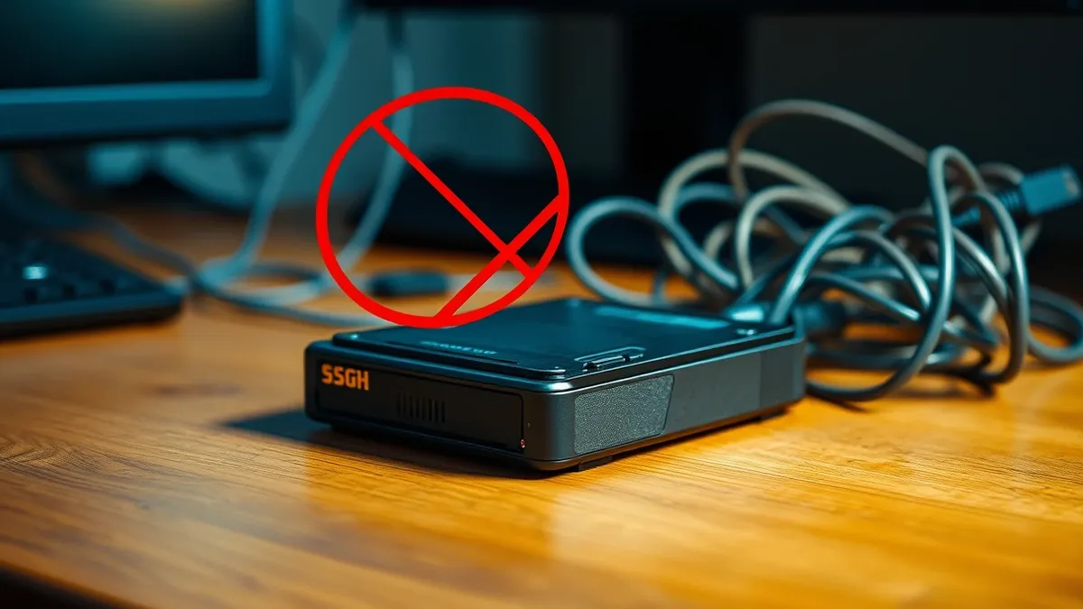 Illustration: A rugged external hard drive sits isolated on a wooden desk, completely disconnected from any cables or devices.