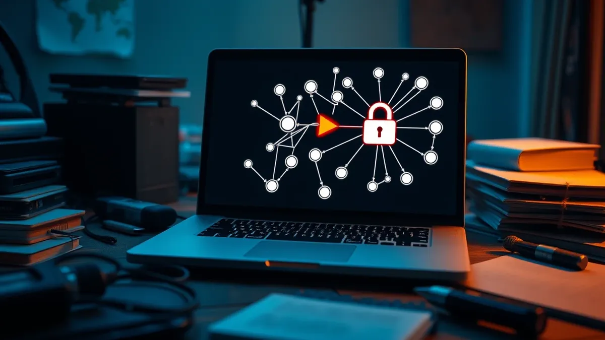 Illustration: A sleek silver laptop sits on a cluttered wooden desk, its screen displaying a complex flowchart of interconnected white nodes and lines.