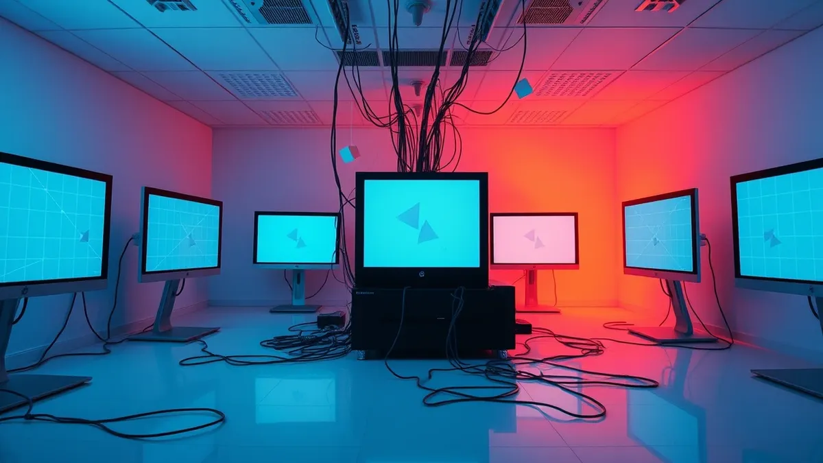 Illustration: A clean white room holds a cluster of blank computer monitors displaying abstract grid patterns and floating geometric shapes.