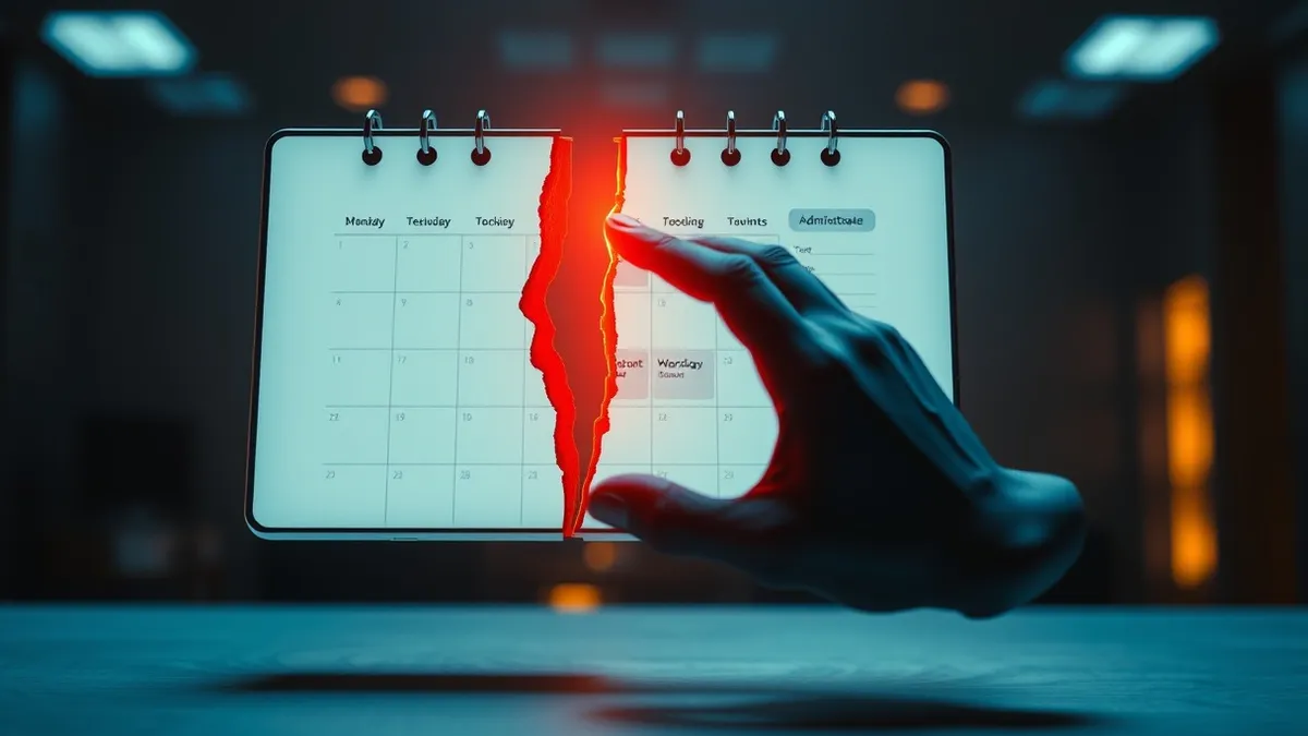 Illustration: A sleek white digital calendar widget floats in midair, its clean interface disrupted by a jagged red crack splitting the booking grid.