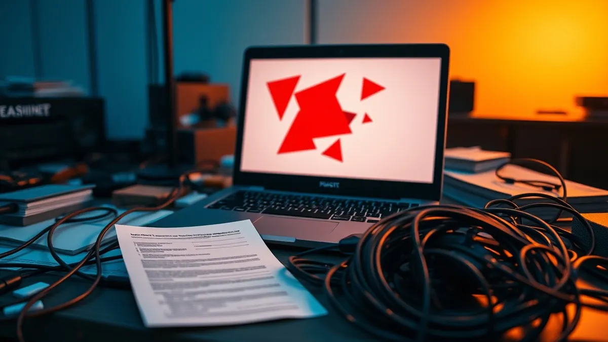 Illustration: A generic laptop sits on a cluttered desk, its screen displaying abstract red warning shapes over a blank interface.