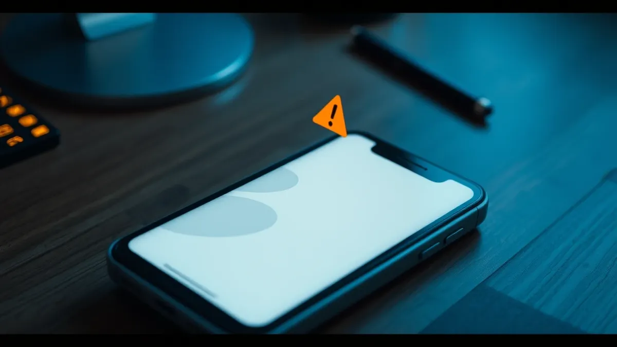 Illustration: A smartphone rests on a wooden desk, its display showing a blank white screen with soft gray abstract shapes where payment details would appear.