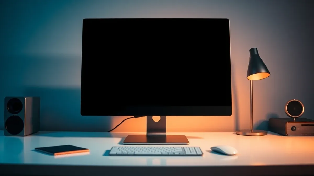 Illustration: A sleek black computer monitor sits on a clean white desk, displaying only abstract dark geometric shapes that suggest hidden networks.