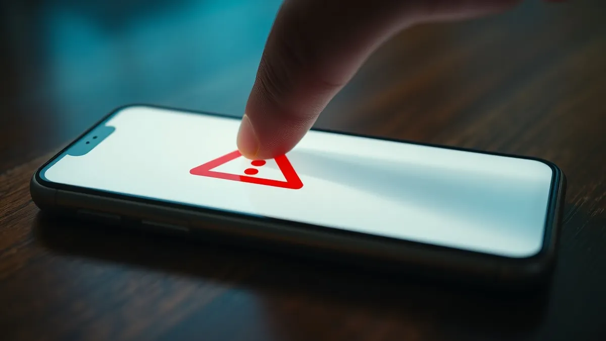 Illustration: A smartphone lies on a wooden table, its screen displaying a large, urgent red warning symbol over a blank background.