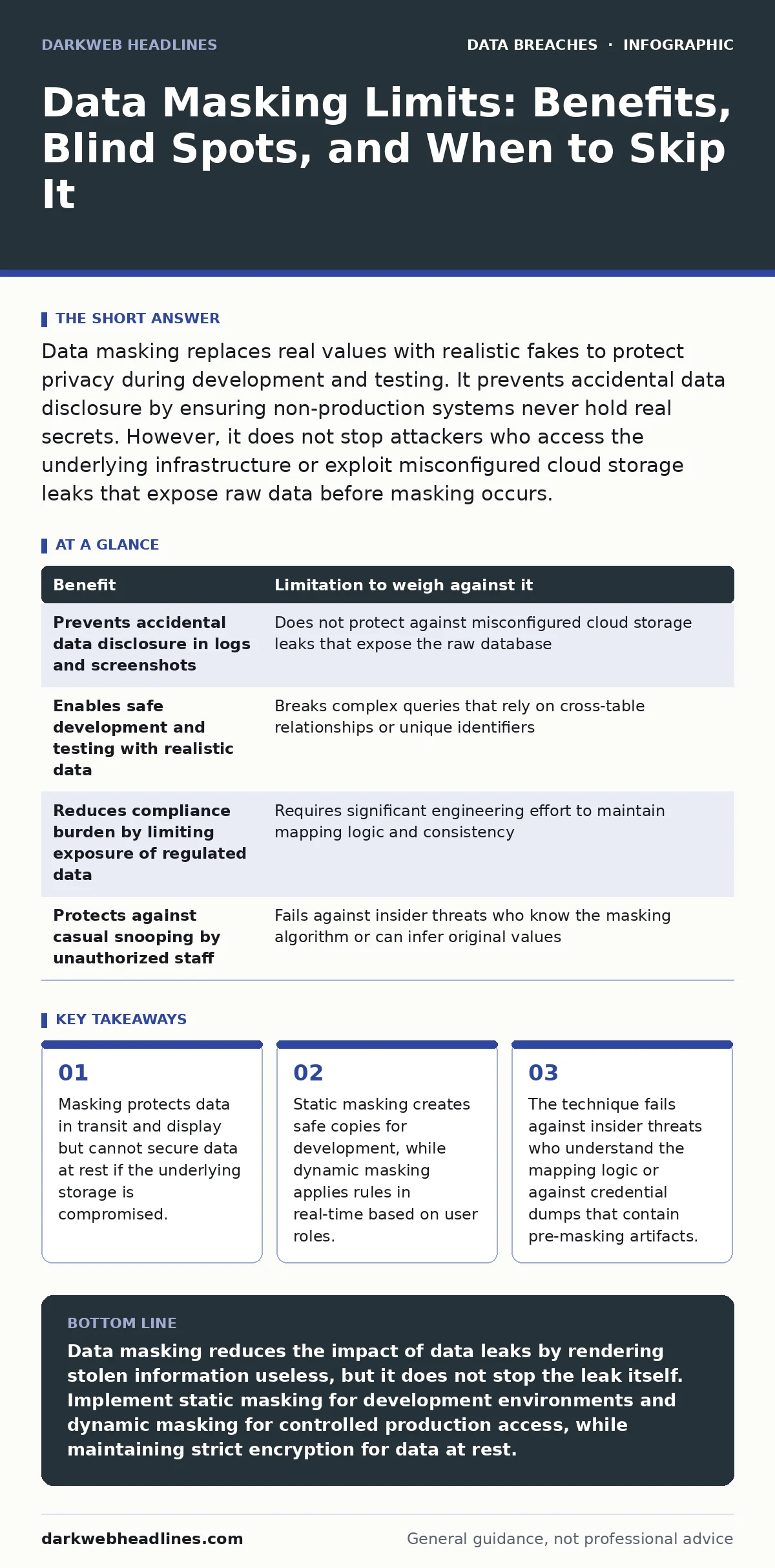 Infographic: Data Masking Limits: Benefits, Blind Spots, and When to Skip It. Masking protects data in transit and display but cannot secure data at rest if the underlying storage is compromised. Static masking creates safe copies for development, while dynamic masking applies rules in real-time bas