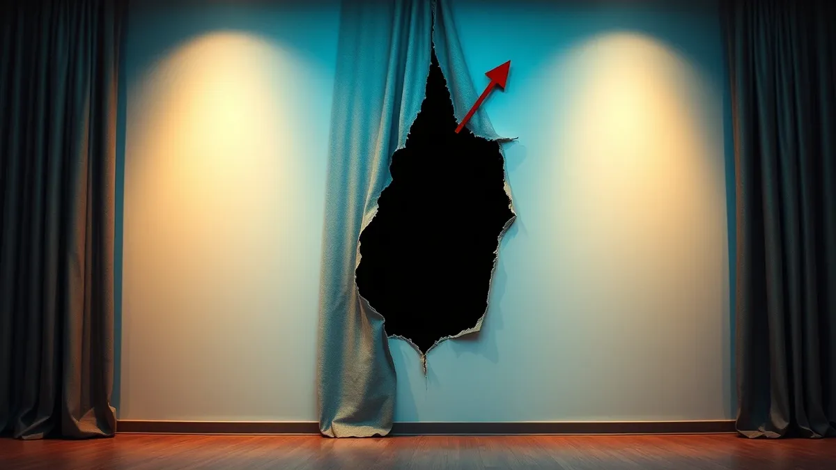 Illustration: A thick gray curtain covers the middle section of a white wall, leaving the top and bottom exposed.