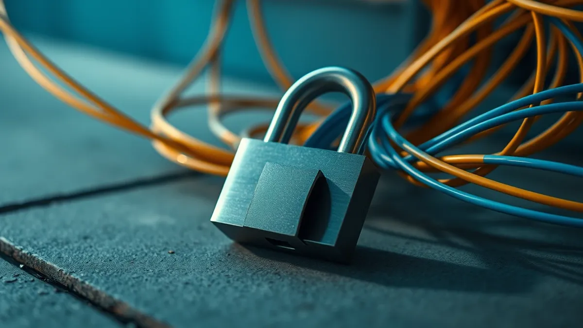 Illustration: A sleek metal lock rests on a smooth concrete surface next to a tangled knot of fiber optic cables.