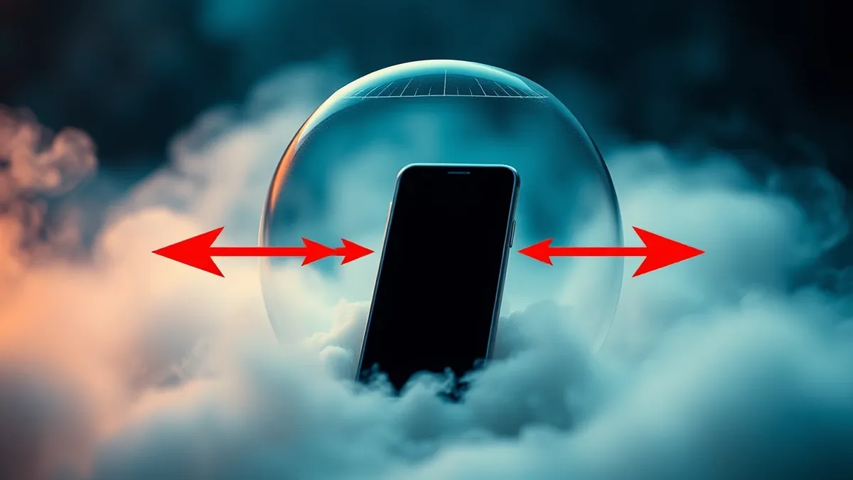 Illustration: A translucent shield wraps around a single smartphone floating in a cloud of soft white vapor.