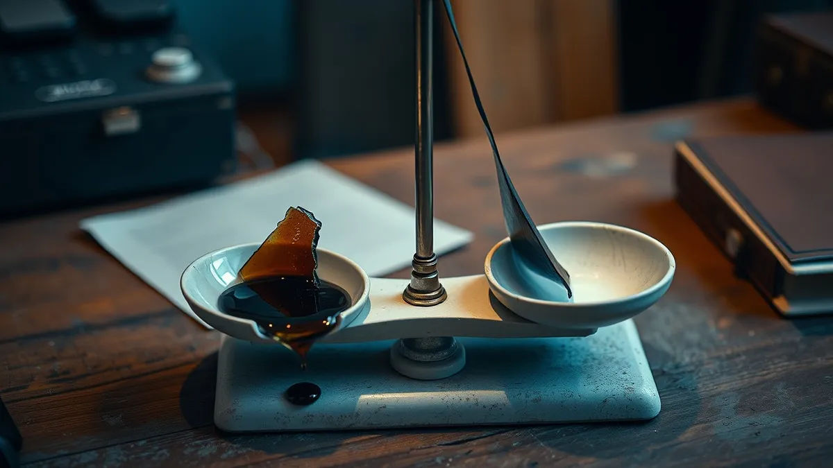 Illustration: A cracked ceramic balance scale sits on a dusty wooden desk.