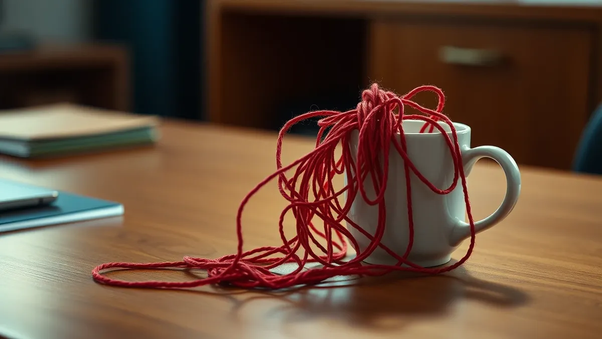 Illustration: A tangled knot of red yarn sits on a polished wooden desk next to a clean white coffee cup.