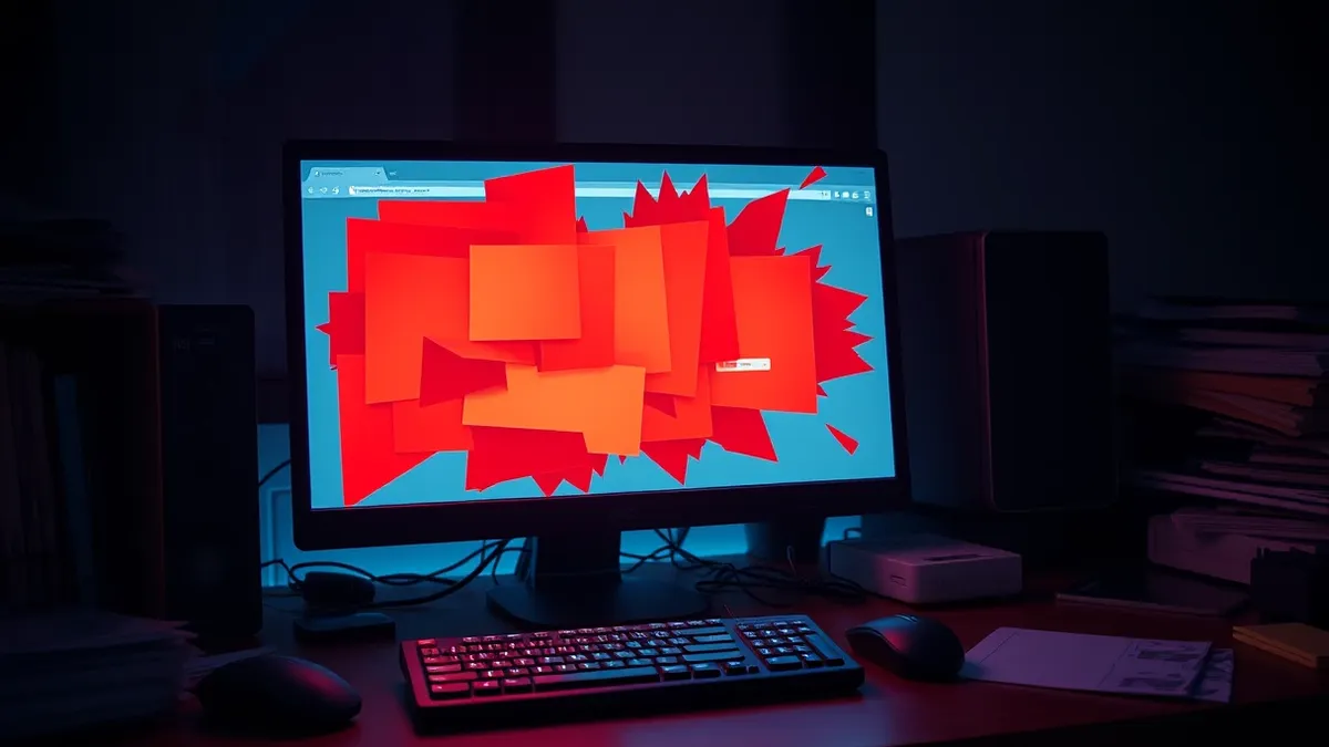 Illustration: A cluttered desk holds a desktop computer displaying a chaotic browser window filled with overlapping red warning boxes and abstract jagged shapes.