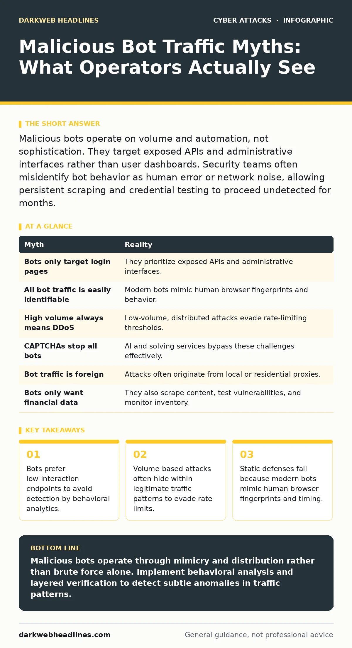 Infographic: Malicious Bot Traffic Myths: What Operators Actually See. Bots prefer low-interaction endpoints to avoid detection by behavioral analytics. Volume-based attacks often hide within legitimate traffic patterns to evade rate limits. Static defenses fail because modern bots mimic human brows