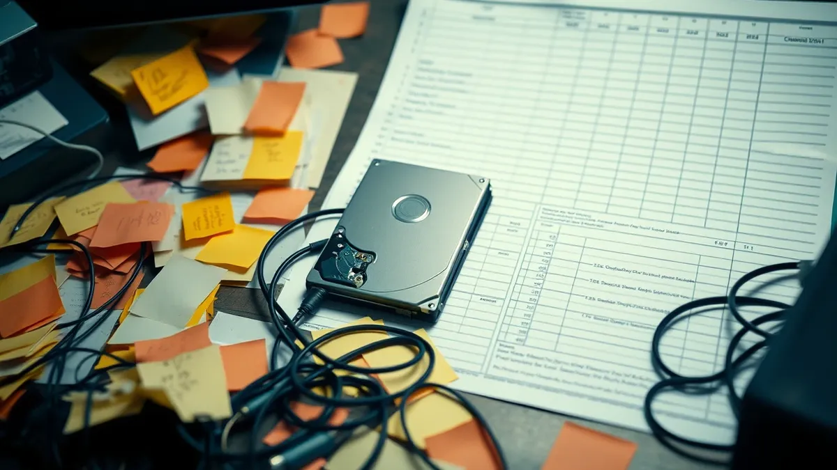 Illustration: A chaotic desk covered in scattered sticky notes and tangled ethernet cables sits beside a single, pristine white hard drive.