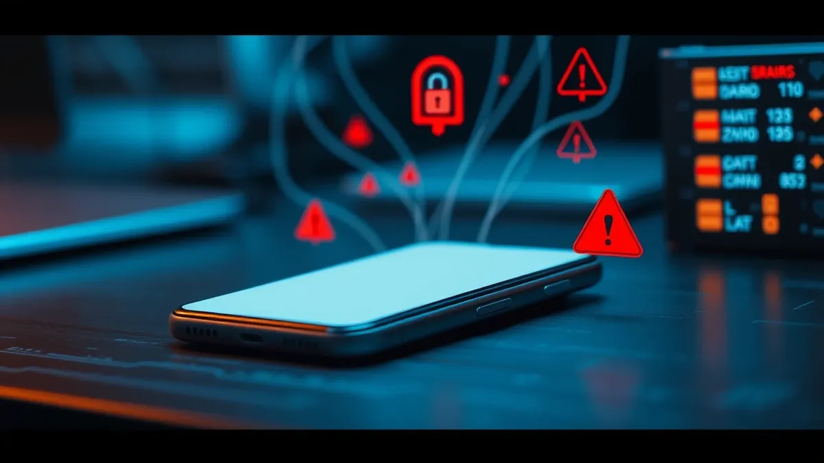 Illustration: A smartphone rests on a desk with a blank screen, while invisible digital threads stretch from it to distant server icons.