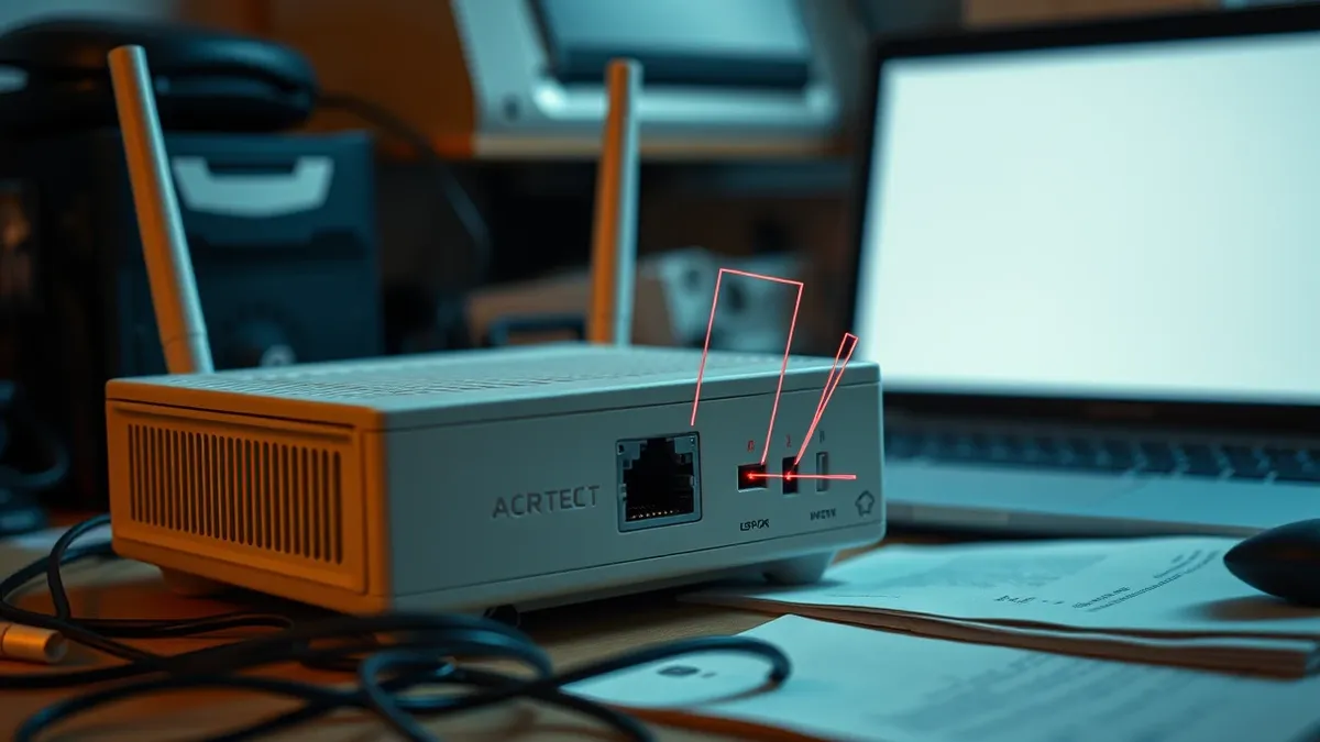 Illustration: A beige network router sits on a cluttered desk with its ventilation slots facing forward.