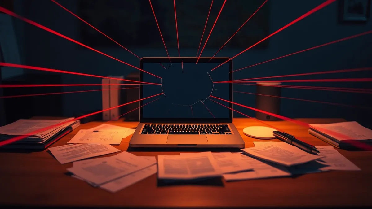 Illustration: A small office desk holds a single laptop with its screen cracked.
