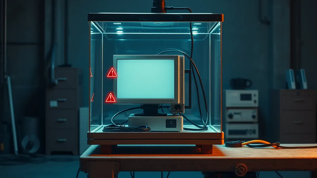 Illustration: A sealed glass terrarium sits on a concrete workbench, containing a generic desktop computer with a blank monitor.