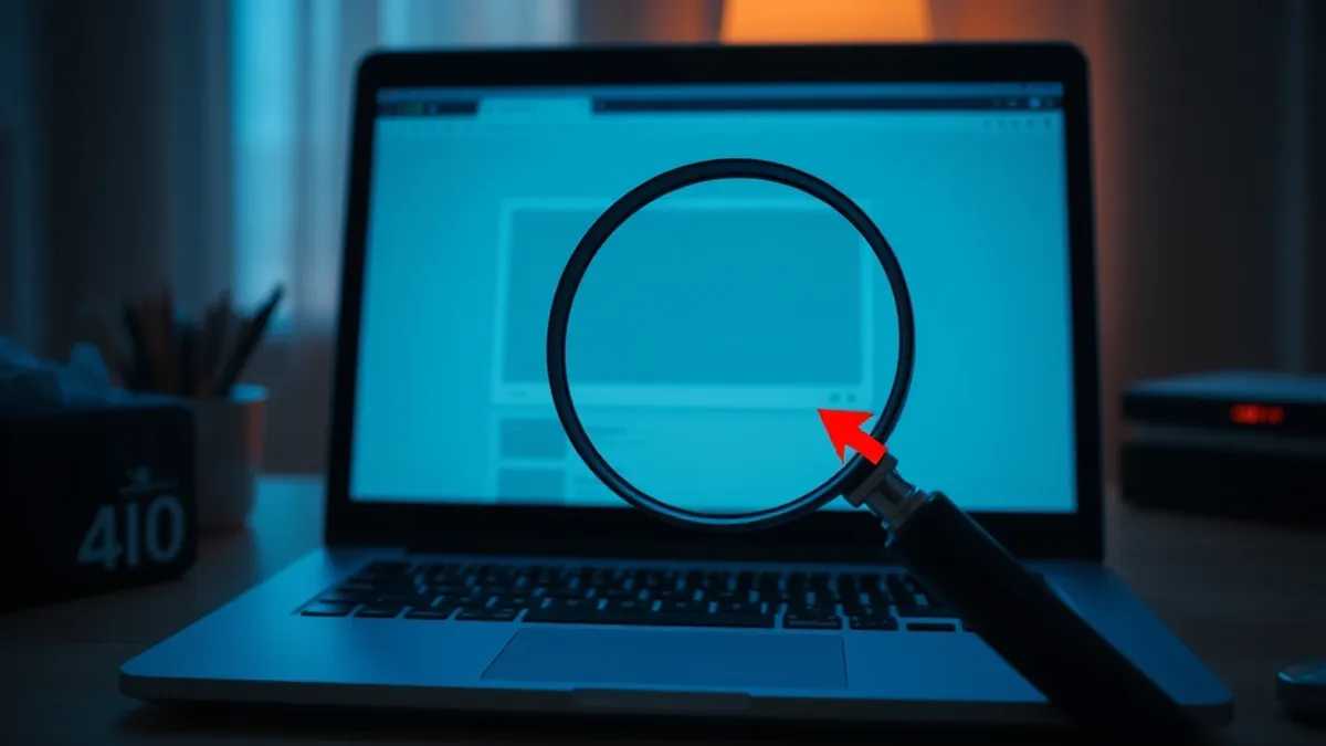 Illustration: A laptop runs a web application with a blank window while a magnifying glass hovers over the screen, highlighting a subtle glitch in the interface layout.