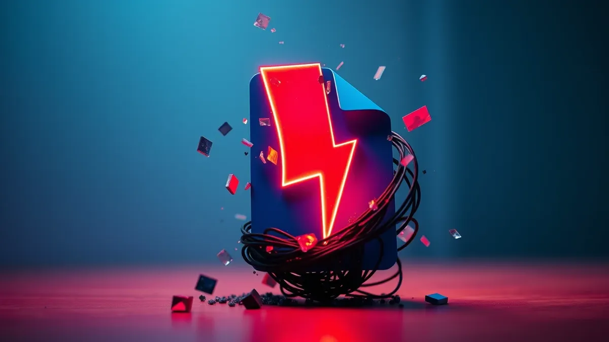 Illustration: A jagged red lightning bolt erupts from a seemingly innocent blue image file icon, shattering the clean white background of a web server folder.