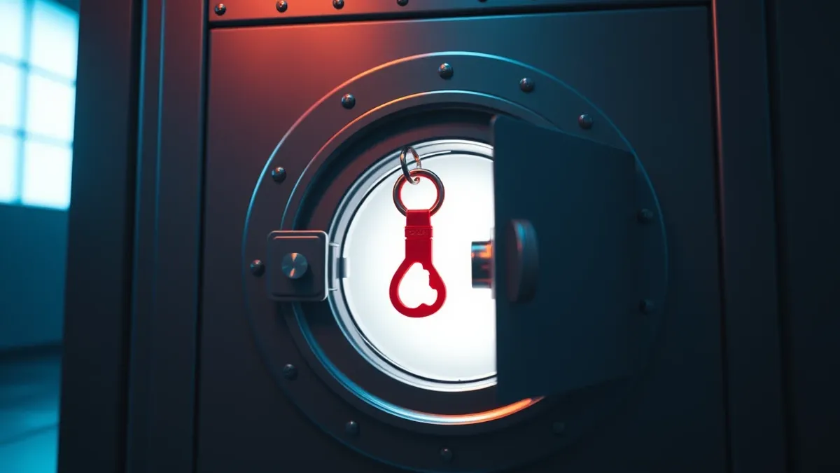 Illustration: A translucent red key floats above a locked grey vault, slipping through a small crack in the heavy metal door.