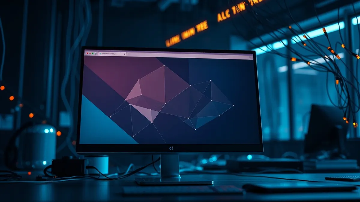 Illustration: A blank web browser window on a sleek office monitor shows abstract geometric shapes shifting under heavy digital strain.