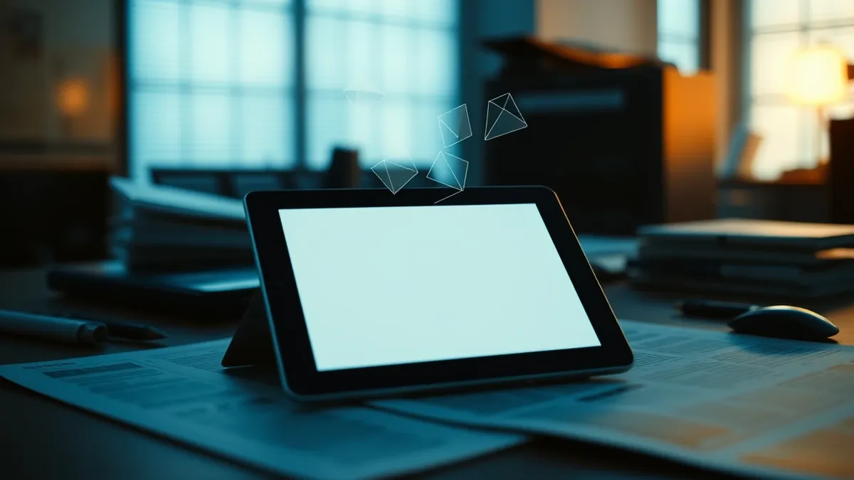 Illustration: A sleek tablet rests on a newsroom desk, its screen displaying a blank white page with a subtle, invisible overlay of abstract geometric shapes hovering just above th