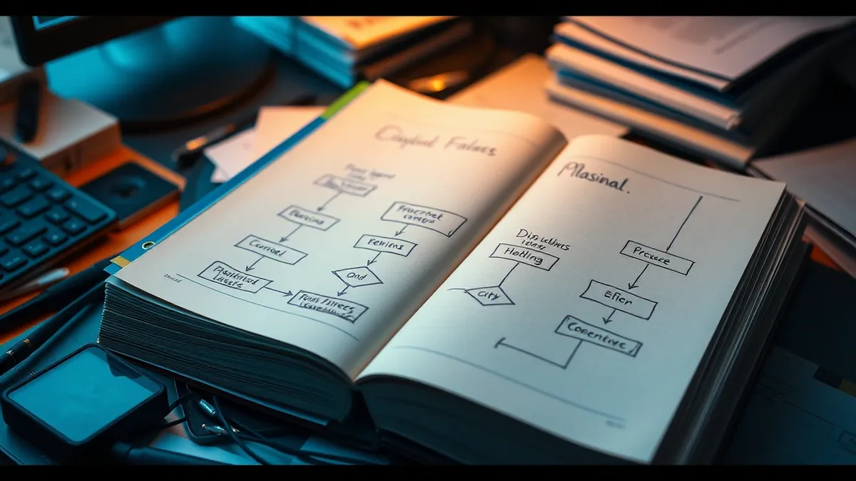 Illustration: A thick, bound manual rests open on a cluttered desk.
