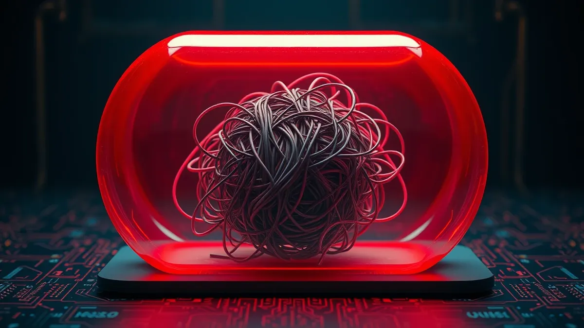 Illustration: A glowing red containment bubble encapsulates a chaotic swirl of tangled gray wires and sharp geometric shards.