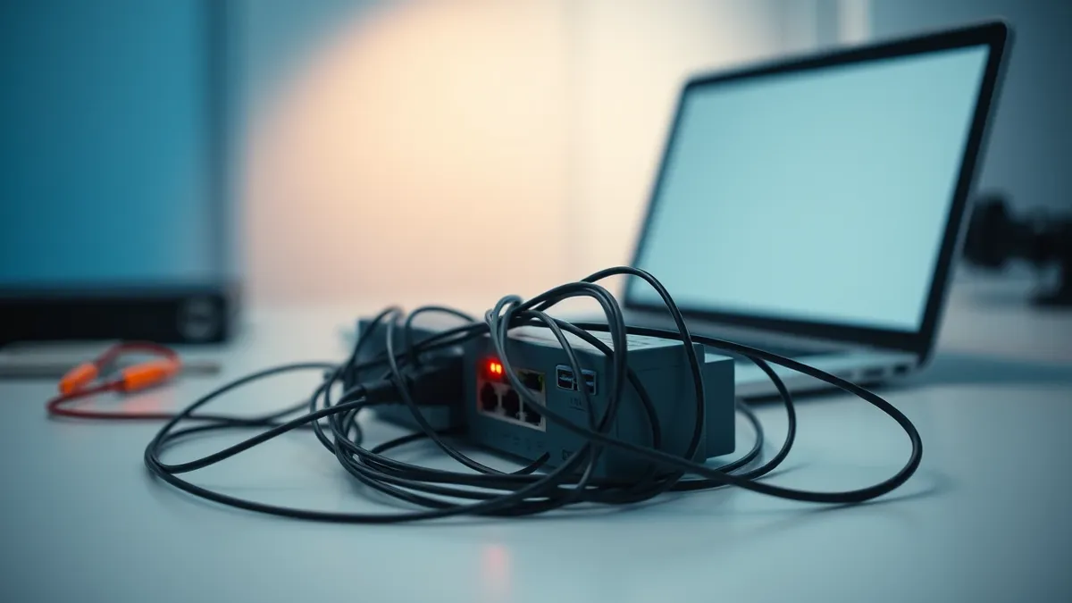 Illustration: A tangled knot of thin, dark cables sits on a clean white desk, connecting a small grey network switch to a blank laptop.