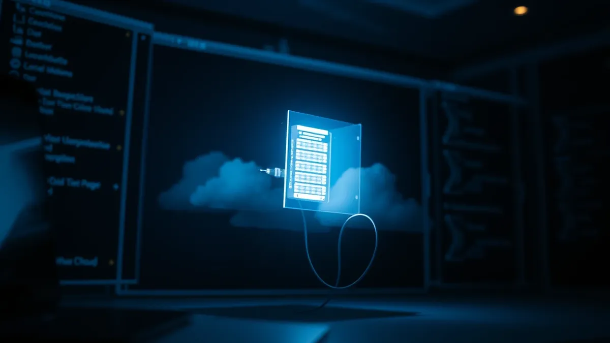 Illustration: A glowing virtual machine instance floats inside a cloud interface, with a thin, unsecured data cable slipping unnoticed from its side into a dark shadow.