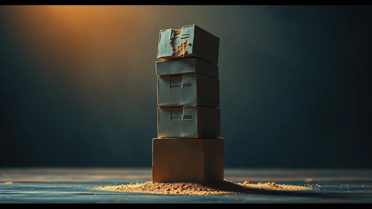 Illustration: A towering, precarious stack of small identical boxes balances precariously on top of a single large foundation block.