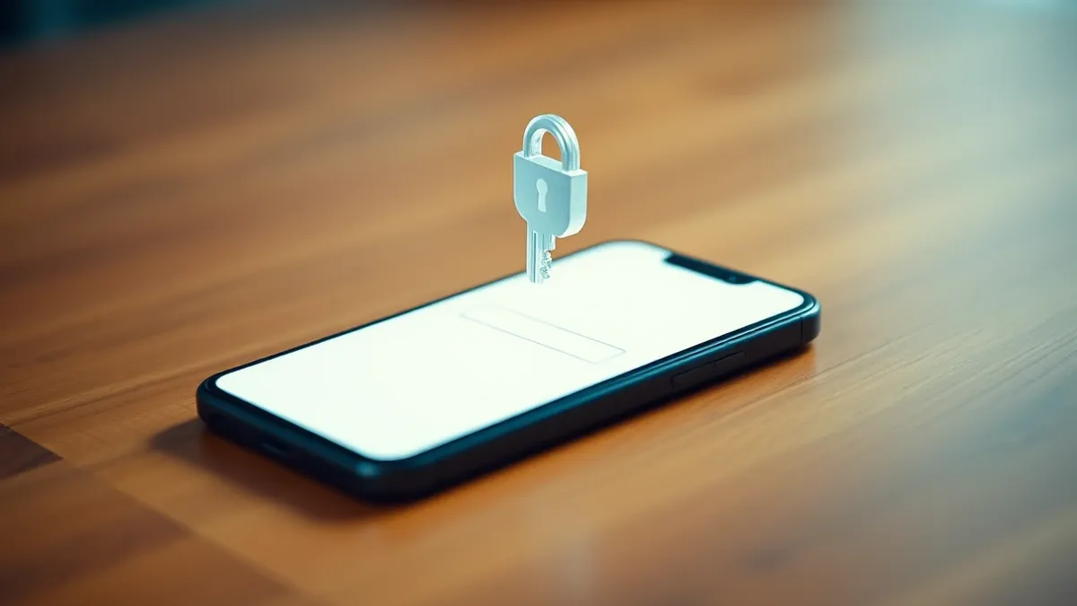 Illustration: A sleek smartphone rests on a wooden table, its screen displaying a blank white login interface.