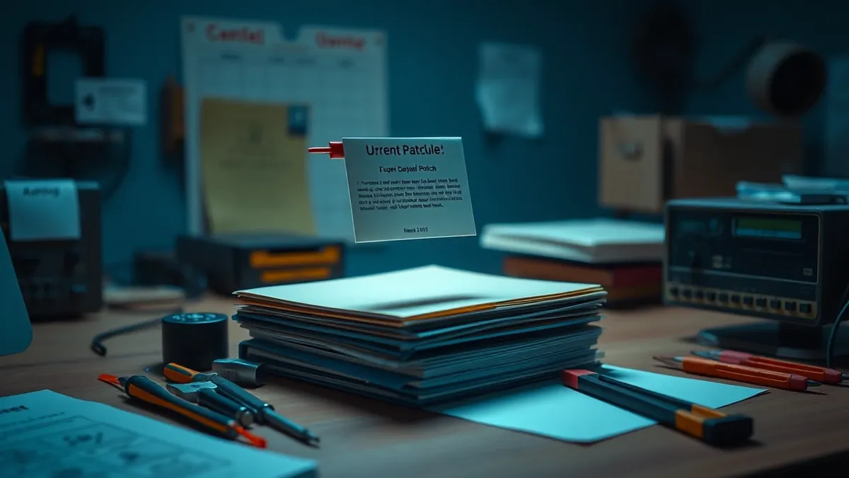 Illustration: A single software update package floats above a small office desk, bypassing a neat stack of scheduled maintenance folders.
