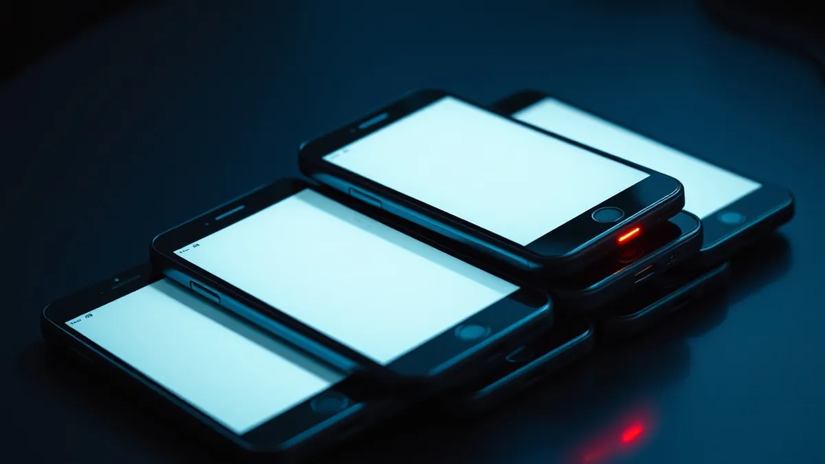 Illustration: A stack of cheap smartphones rests on a table, their screens displaying blank white pages with simple abstract rectangular shapes.