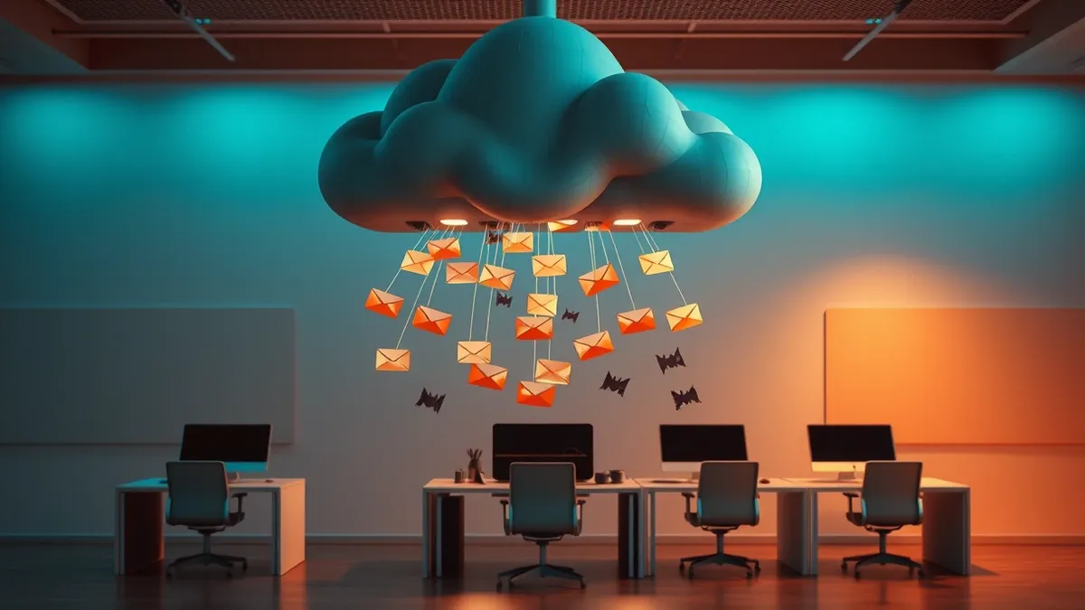 Illustration: A sleek cloud relay node floats above a small cluster of minimalist office desks.