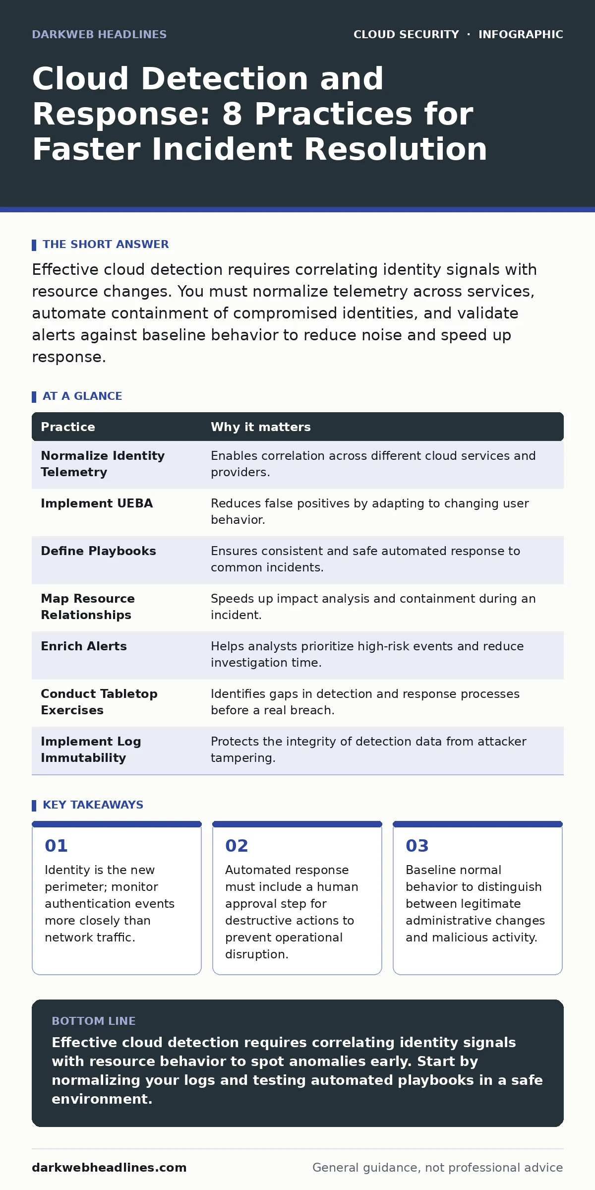 Infographic: Cloud Detection and Response: 8 Practices for Faster Incident Resolution. Identity is the new perimeter; monitor authentication events more closely than network traffic. Automated response must include a human approval step for destructive actions to prevent operational disruption. Base
