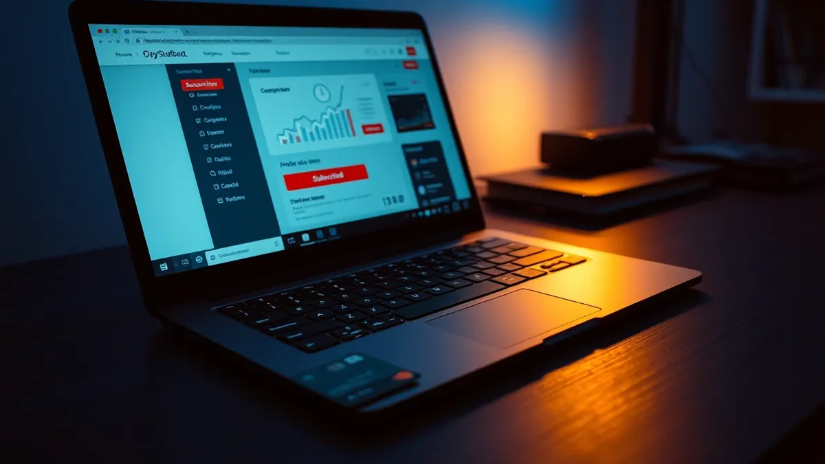 Illustration: A sleek black laptop sits on a dark wooden desk, its screen displaying a clean dashboard with abstract progress bars and a prominent red subscription button.