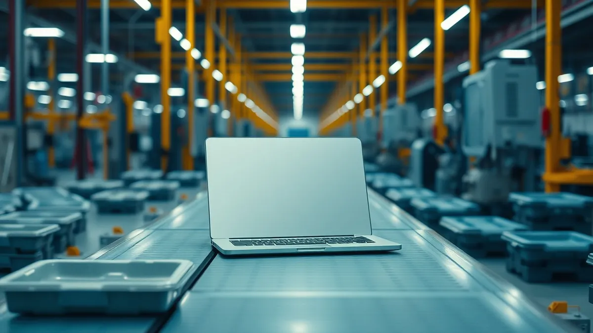 Illustration: A sleek silver laptop rests on a sterile factory assembly line.