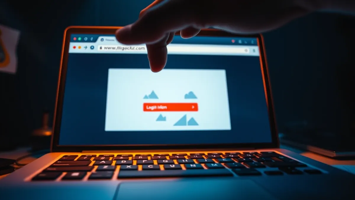 Illustration: A hand hovers over a keyboard, hovering above a blank browser window that displays a slightly misspelled URL.