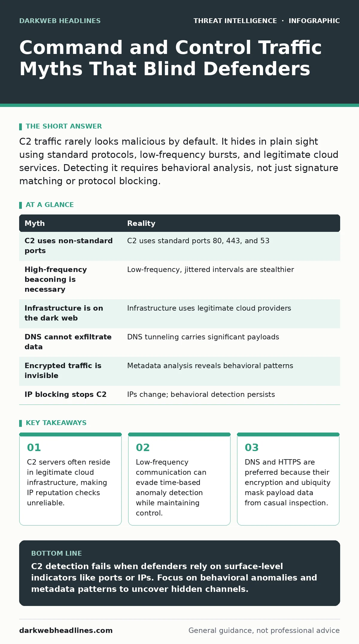 Infographic: Command and Control Traffic Myths That Blind Defenders. C2 servers often reside in legitimate cloud infrastructure, making IP reputation checks unreliable. Low-frequency communication can evade time-based anomaly detection while maintaining control. DNS and HTTPS are preferred because t