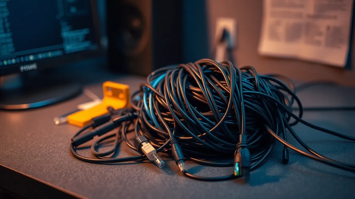 Illustration: A tangled knot of fiber optic cables sits on a gray desk, blending seamlessly with a bundle of standard network cords.