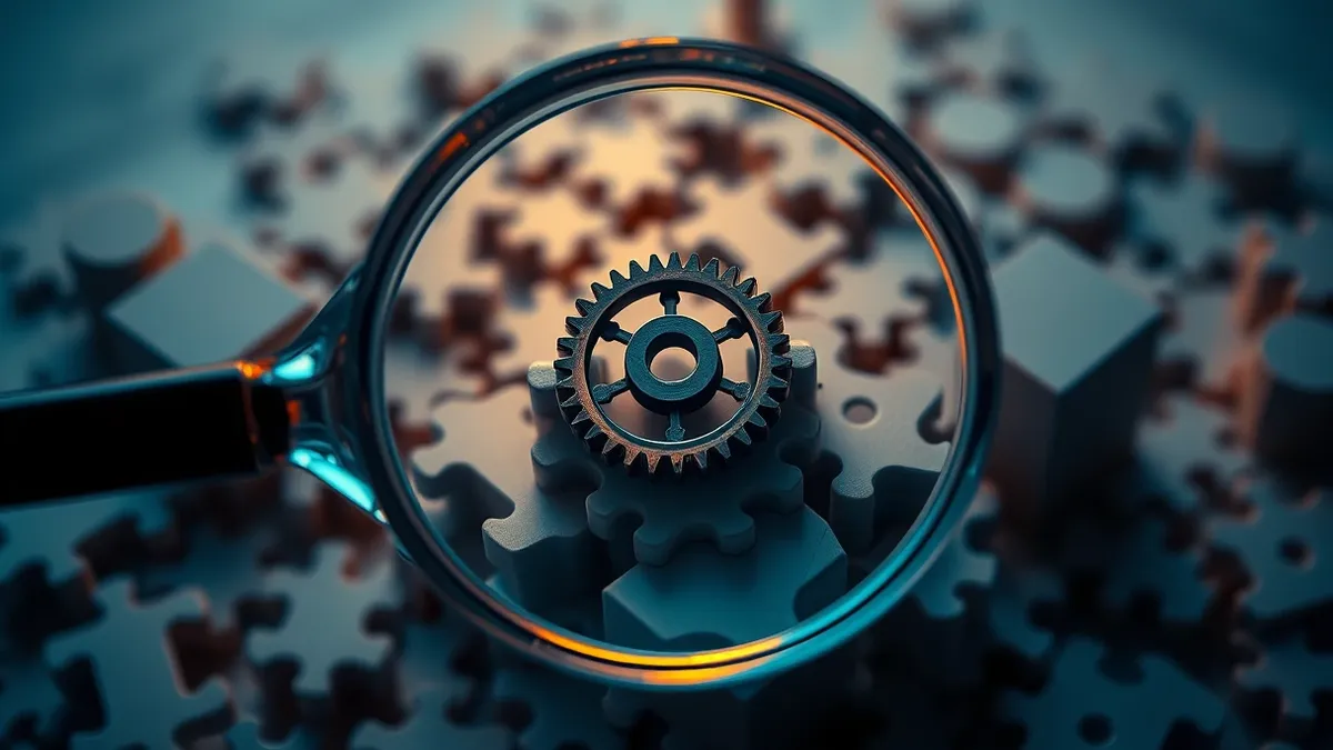Illustration: A transparent magnifying glass hovers over a complex, multi-layered geometric puzzle.