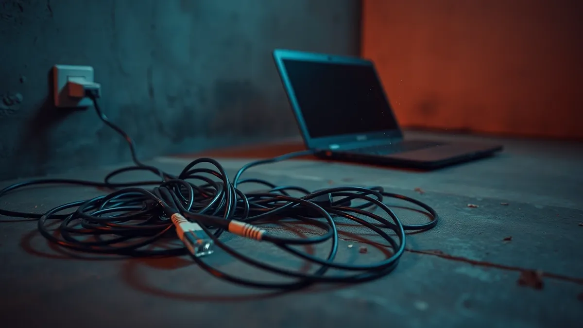 Illustration: A tangled cluster of Ethernet cables lies severed on a concrete floor.